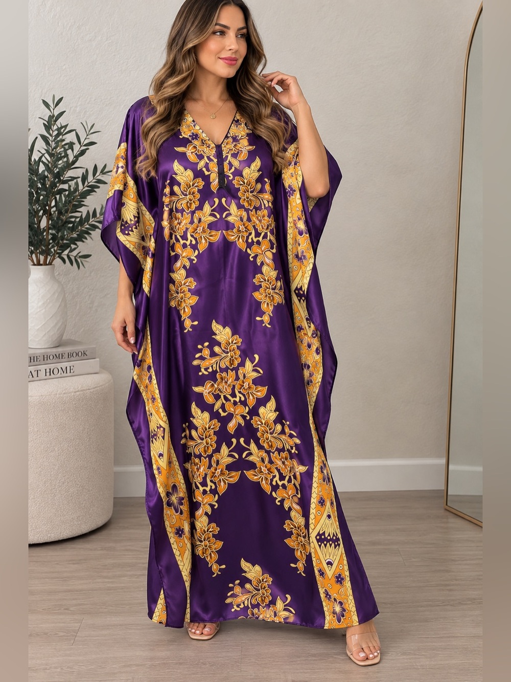 Goddess Purple Caftan with Gold Floral Accents